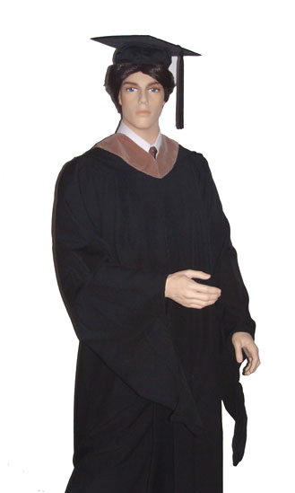 master's academic graduation gown, mortarboard, tassel and hood